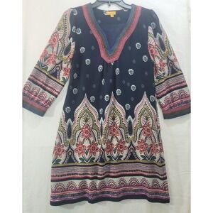 Lulumari Short A-line Dress‎ Boho Mixed Print V-Neck 3/4 Sleeve Casual Medium